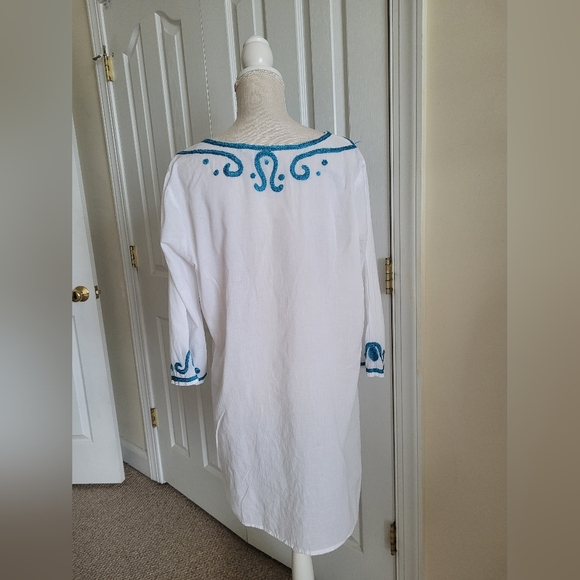 Dalin White Swim Cover Up Tunic with Blue Embroidery - Picture 2 of 4